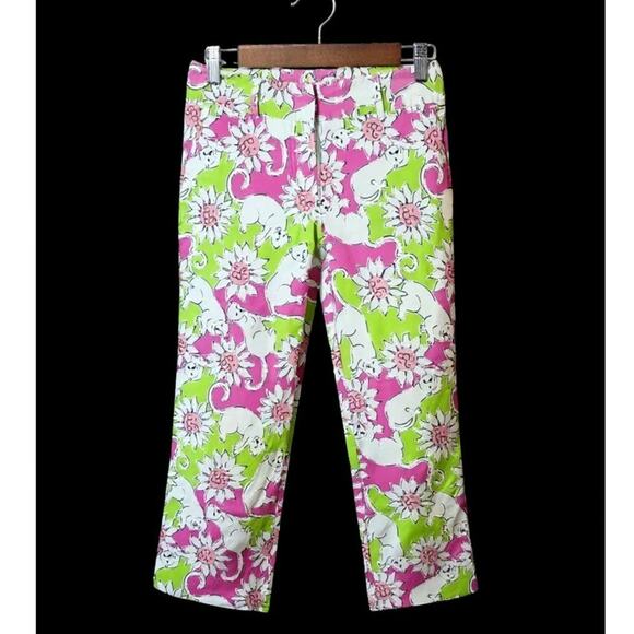 Lilly Pulitzer Crop Pants Women's Size 0 Pink & Green Tiger & Sun Print Vintage - Picture 1 of 10